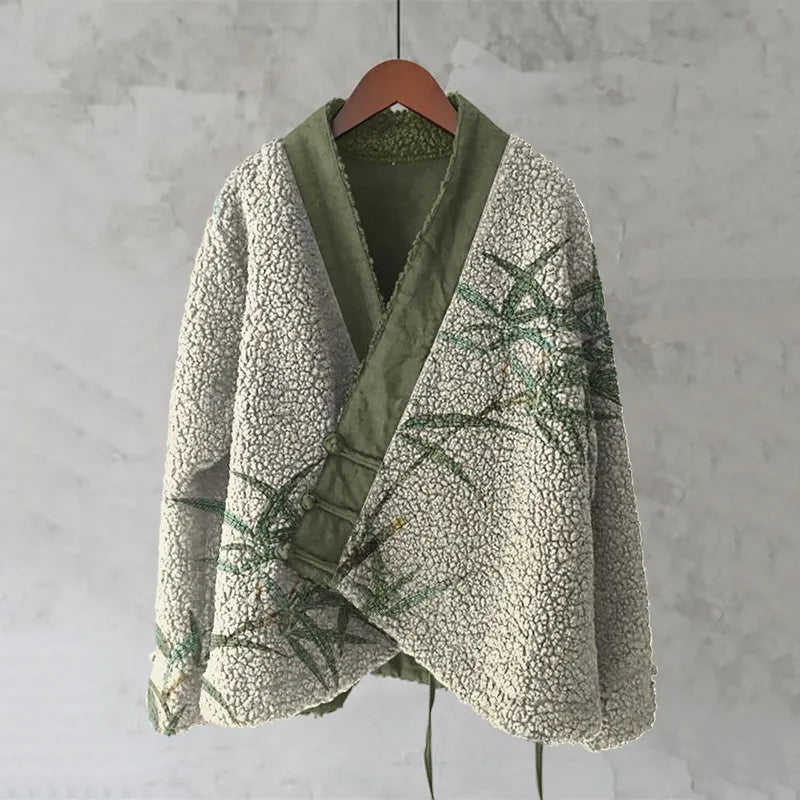 Vintage Bamboo Japanese Art Cozy Fleece Kimono Cardigan
