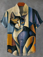 Men'S Vintage Cat Abstract Art Print Linen Blend Cozy Shirt