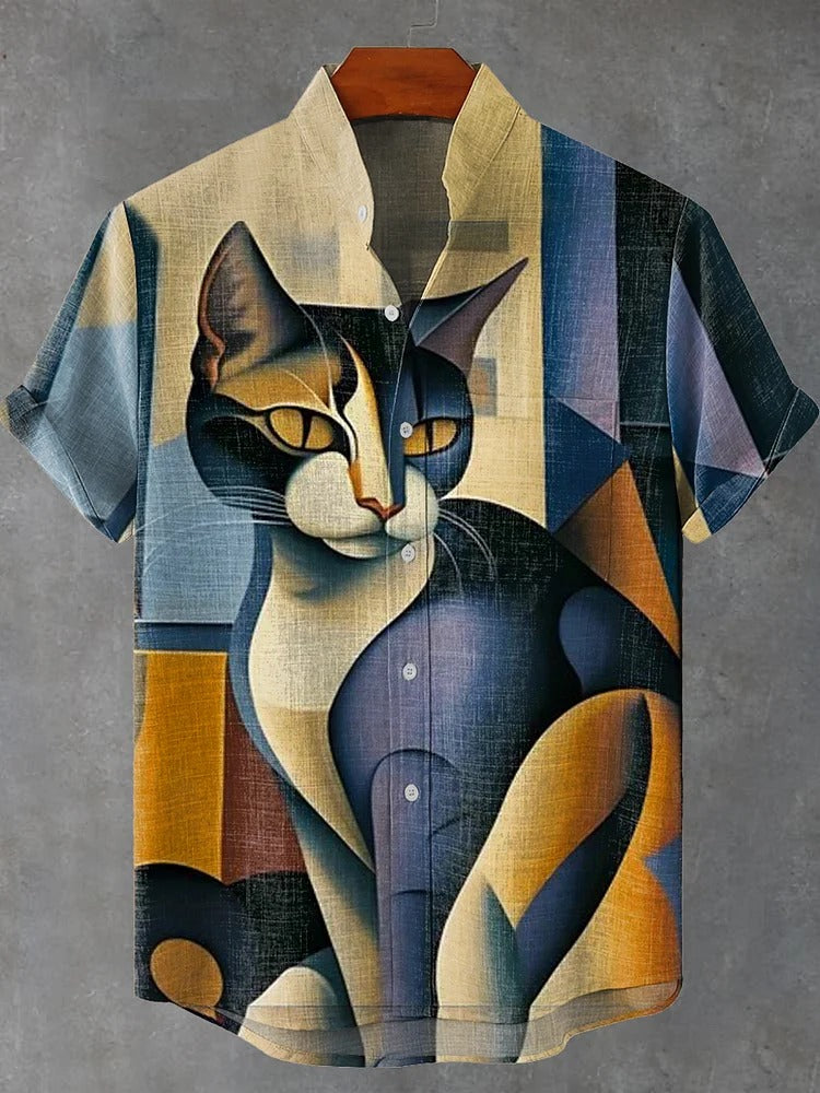 Men'S Vintage Cat Abstract Art Print Linen Blend Cozy Shirt
