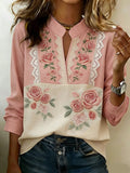 Women's Artistic Floral Print Cotton Linen T-Shirt