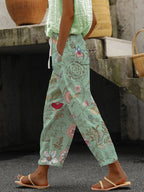 Women's Casual Floral Cotton-Linen Trousers (Spring) (With Pockets)
