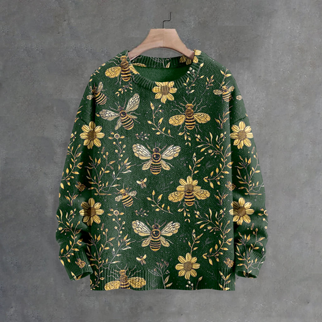 Men's Bees And Flowers Botanical Art Print Casual Knit Crew Neck Sweater