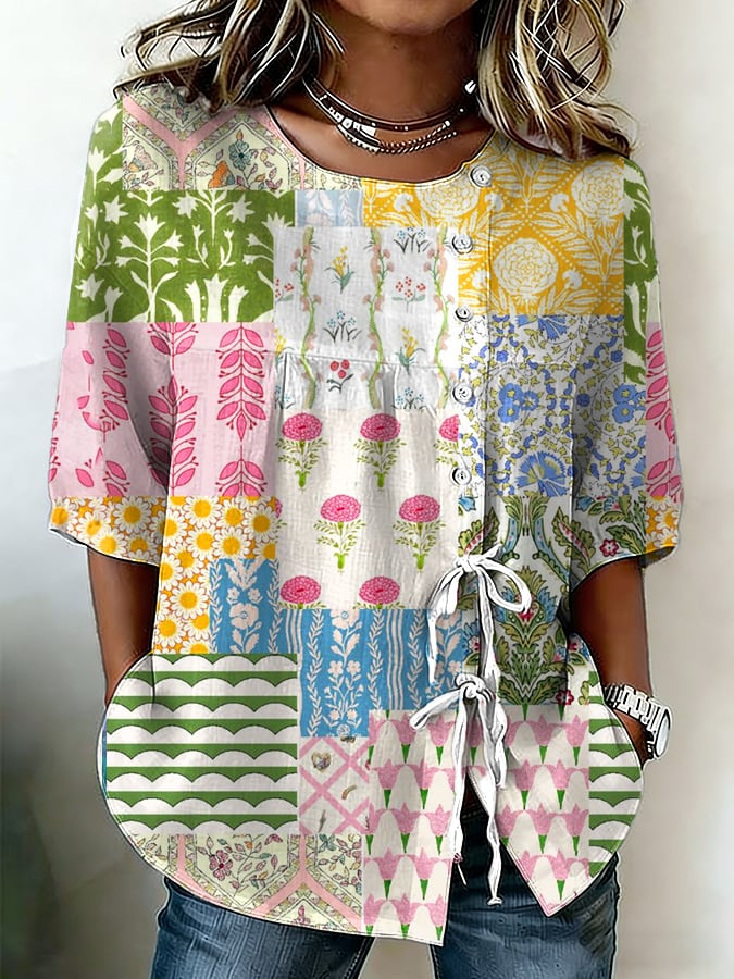 Women's Retro Floral Button Lace Up Tie Shirt