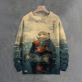 Men's River Kimono Otter Tasting Tea Japanese Art Print Knit Crew Neck Sweater