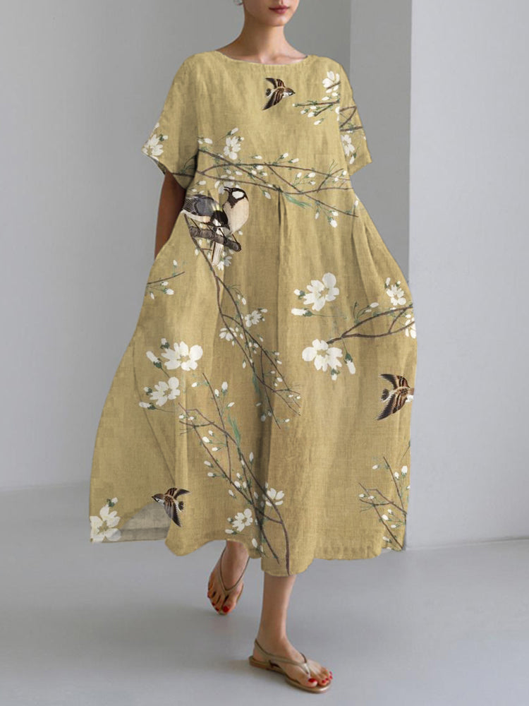 Bird and Flower Art Linen Blend Maxi Dress