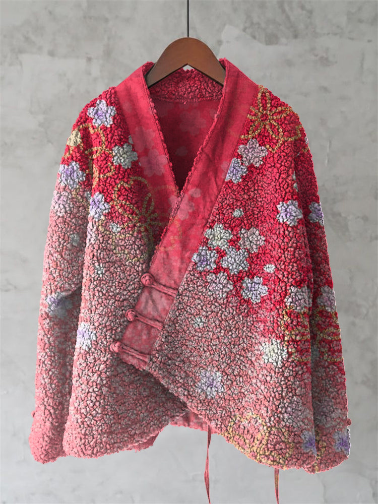 Japanese Style Cherry Blossom Gradient Art Plush Cardigan