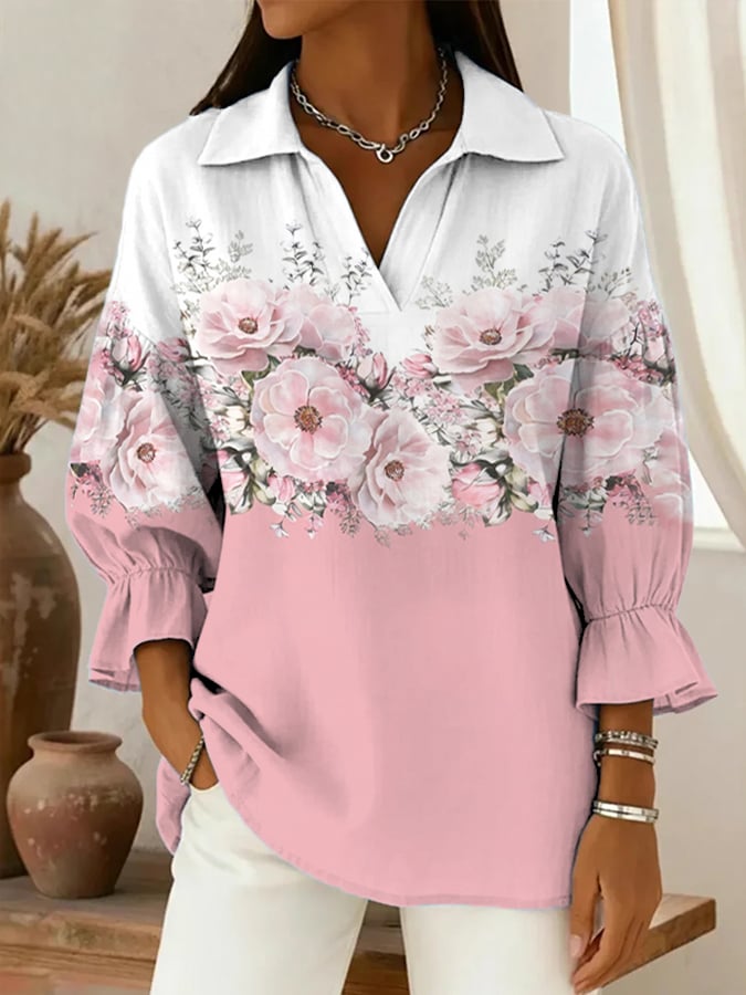 Women's Casual V-neck Solid Color Loose Cotton Linen Shirt
