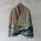Japanese Waves Art Cozy Fleece Kimono Cardigan