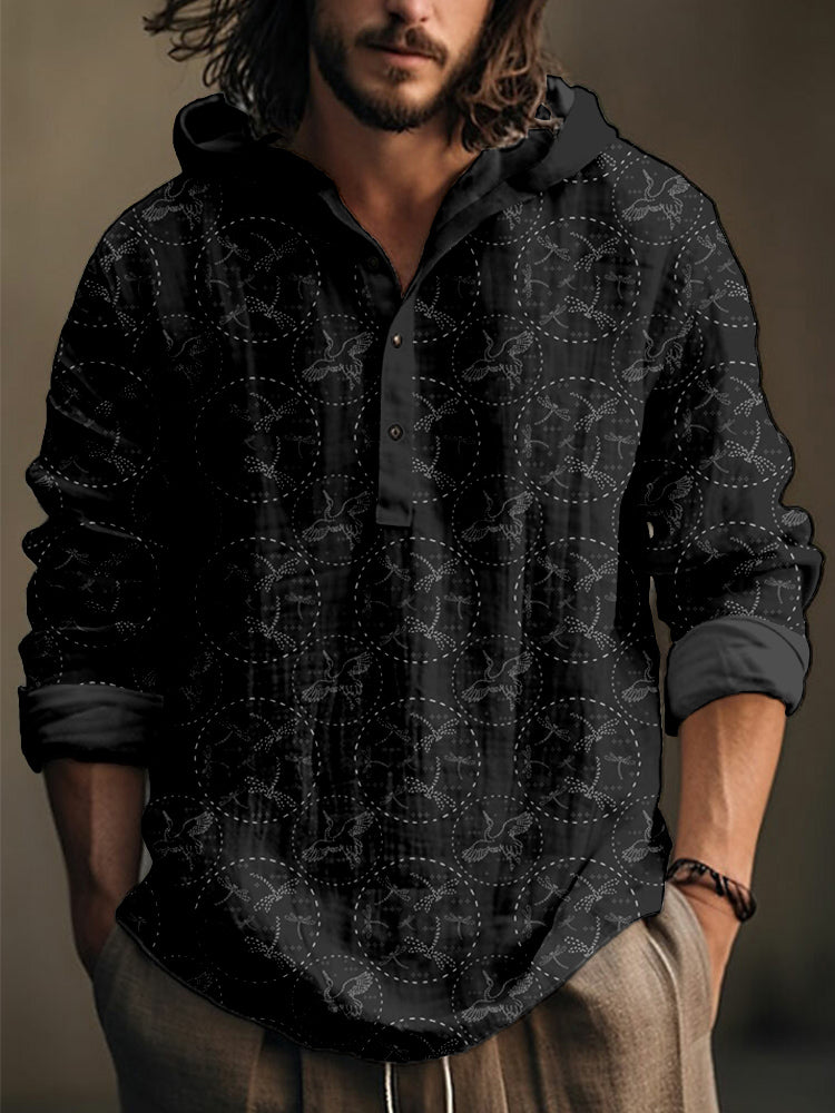 Sashiko Cranes and Dragonflies Japanese Art Hooded Shirt