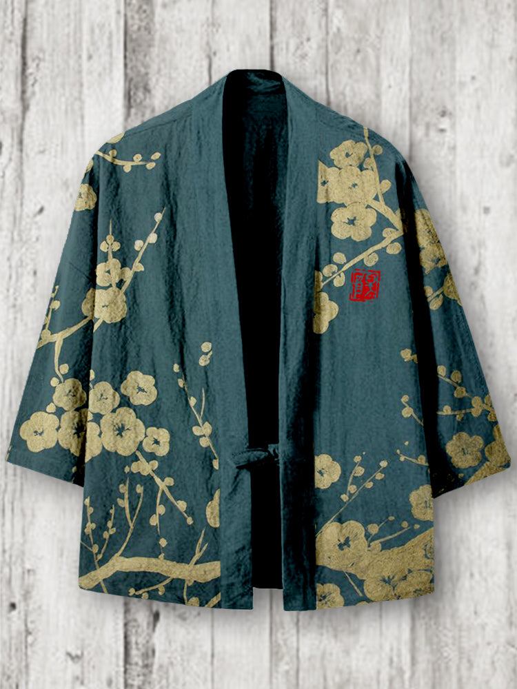 Japanese Plum Blossom Art Linen Blend Kimono Cardigan