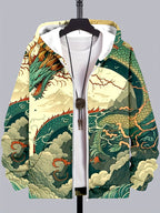 Japanese Art Dragon Print Casual Zip Hoodie