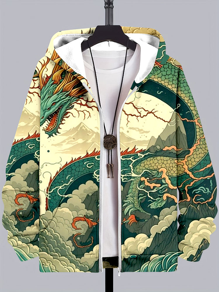 Japanese Art Dragon Print Casual Zip Hoodie