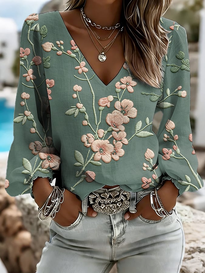 Women's Casual Floral Print Long-Sleeved Top