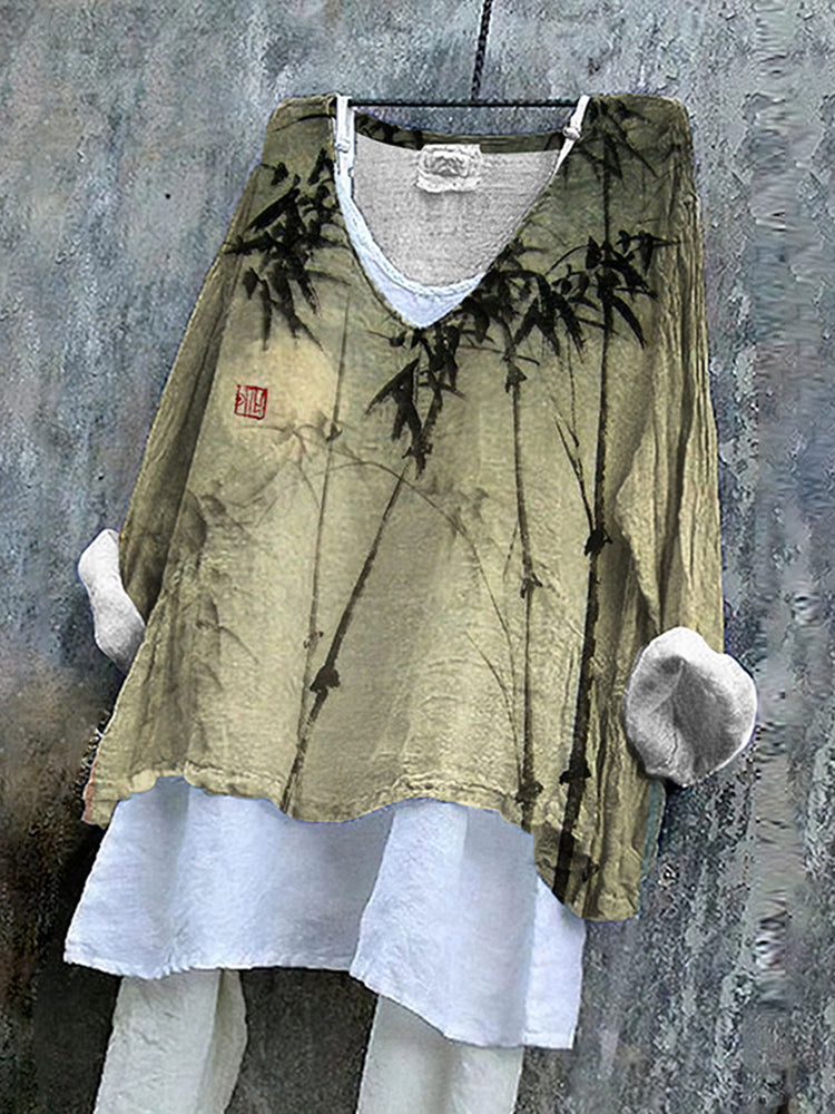 Vintage Bamboo Leaf V Neck Linen Blend Shirt