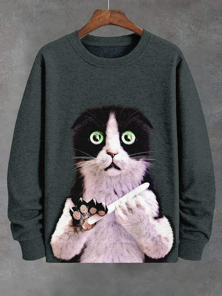 Men's Funny Cat Nail Grinding Art Print Casual Sweatshirt