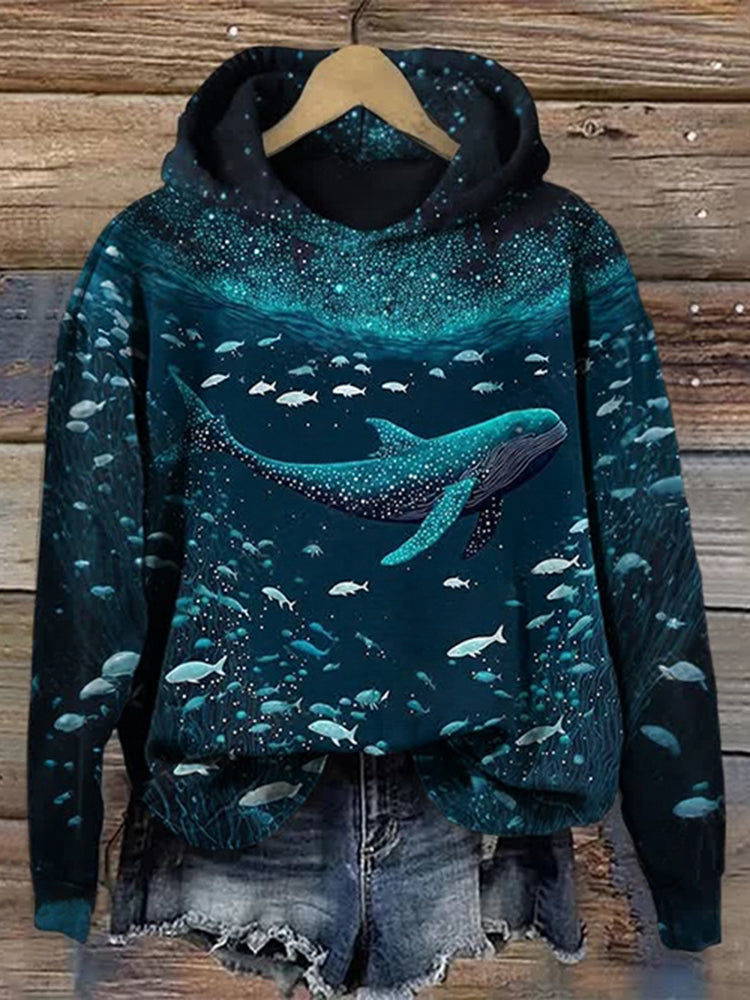 Underwater Shark Print Long Sleeve Hoodie