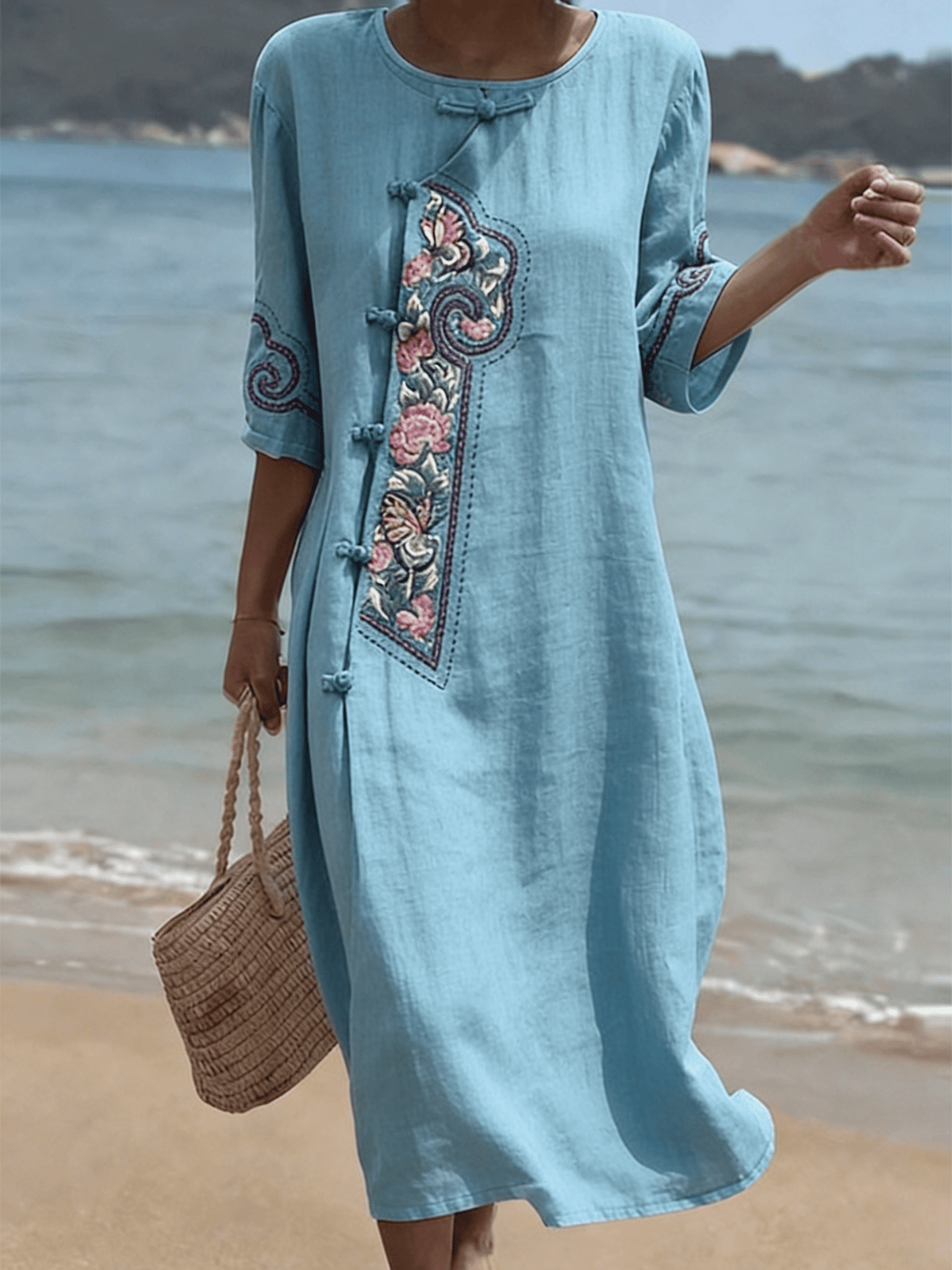 Women's Vintage Floral Embroidered Cotton Linen Dress