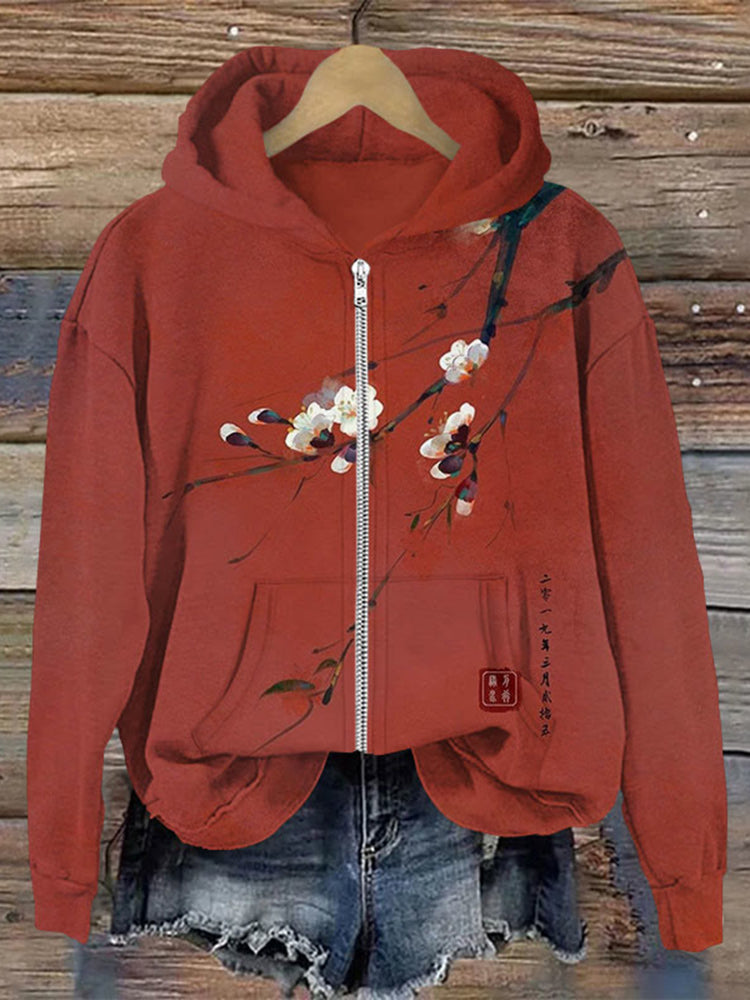 Japanese Art Sakura Print Long Sleeves Zip Hoodie