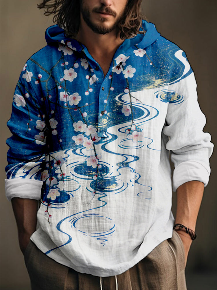 Men's Plum Blossom Japanese Art Linen Blend Hooded Shirt