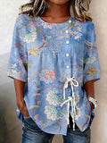 Women's Retro Floral Button Lace Up Tie Shirt