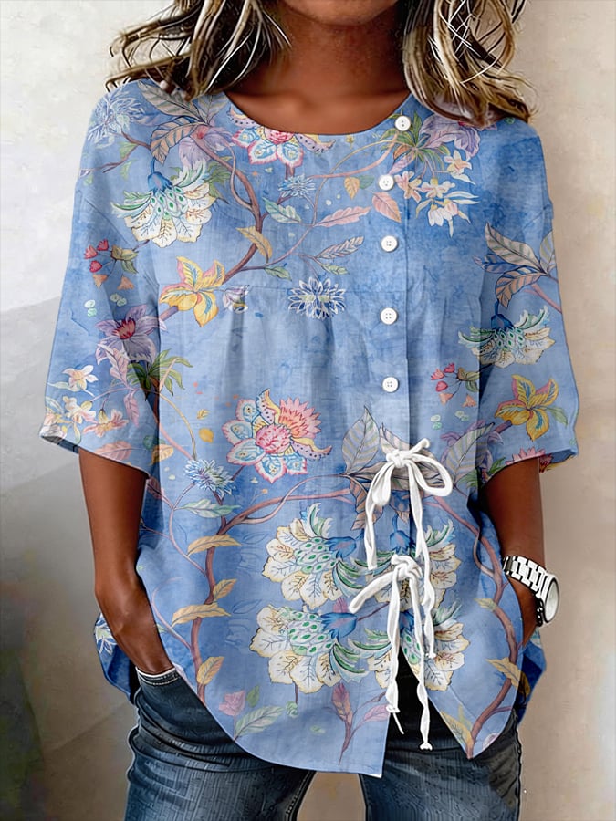Women's Retro Floral Button Lace Up Tie Shirt