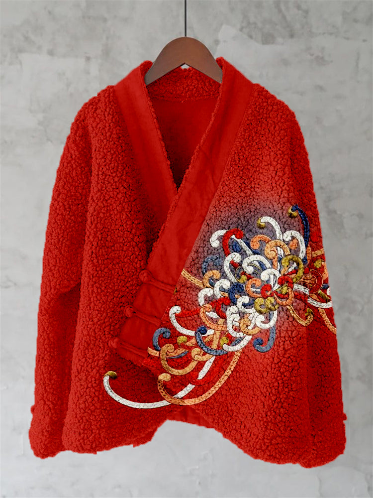 Embroidered Japanese Flower Art Fleece Kimono Cardigan