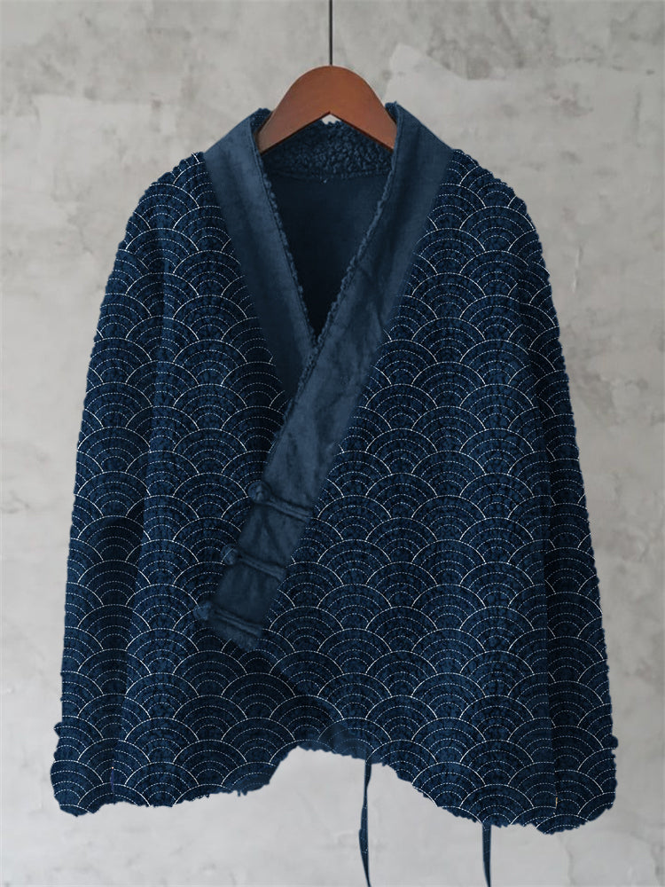 Vintage Ocean Wave Embroidery Art Women's Kimono Cardigan