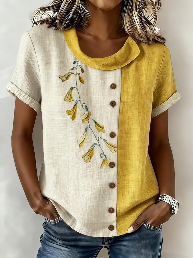 Women's Casual Color Block Print Short-Sleeve Top