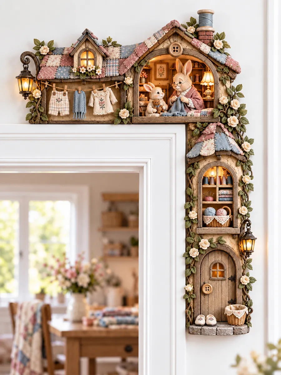 Enchanted Bunny Family Cottage Door Corner Decor