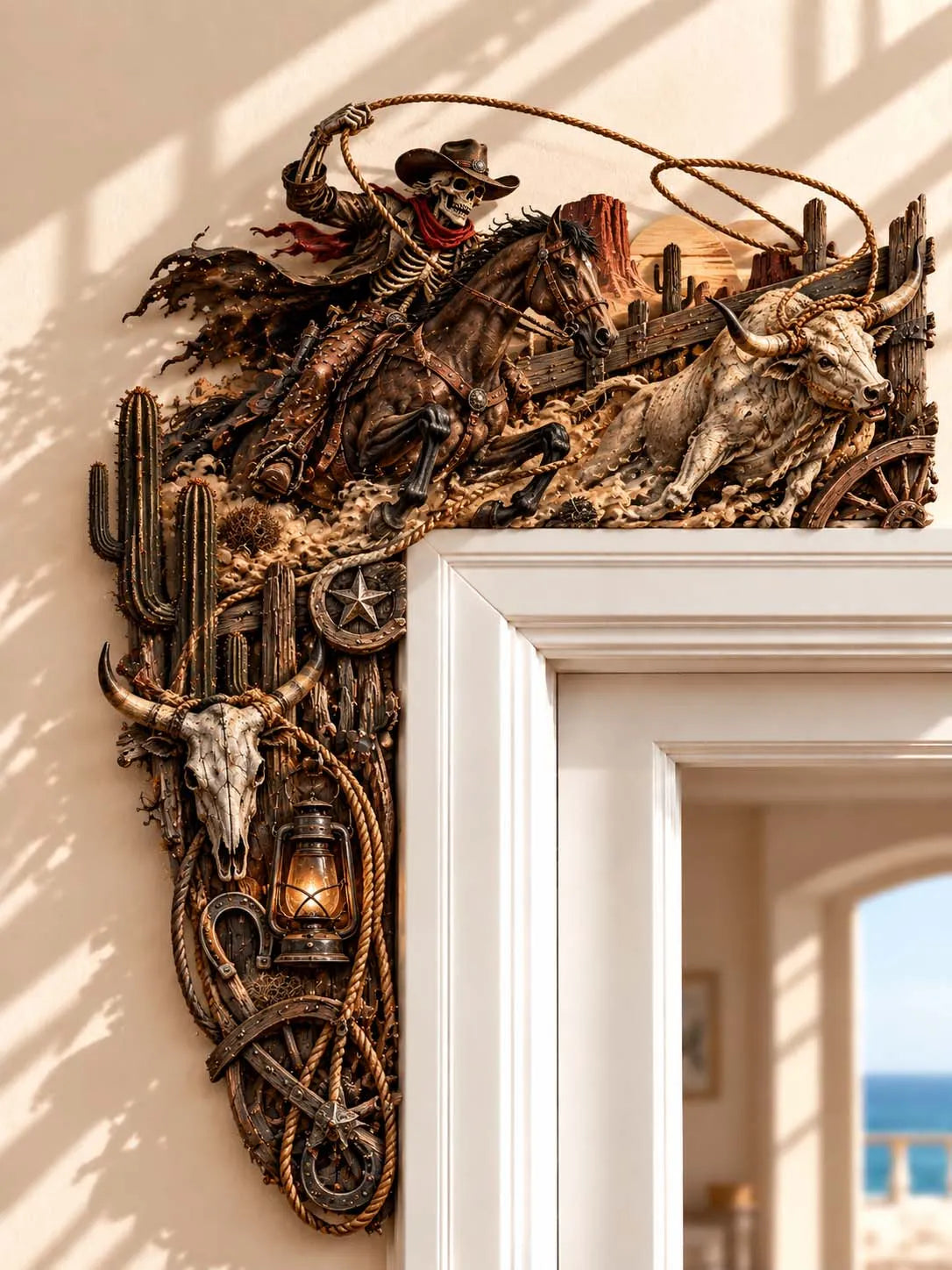 🤠 Western Cowboy Skeleton & Bull Roping Door Corner Decor