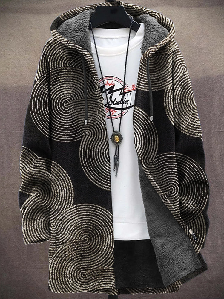 Men's Simple Geometric Japanese Lino Art Cozy Hooded Cardigan