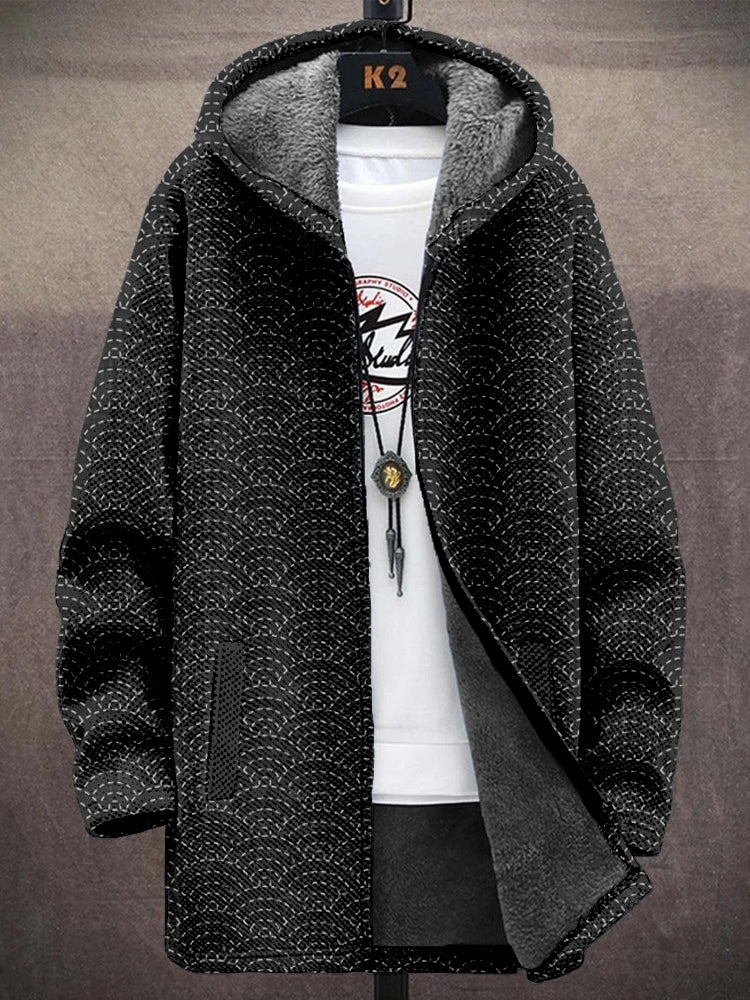 Men's Ocean Waves Japanese Sashiko Art Cozy Hooded Coat