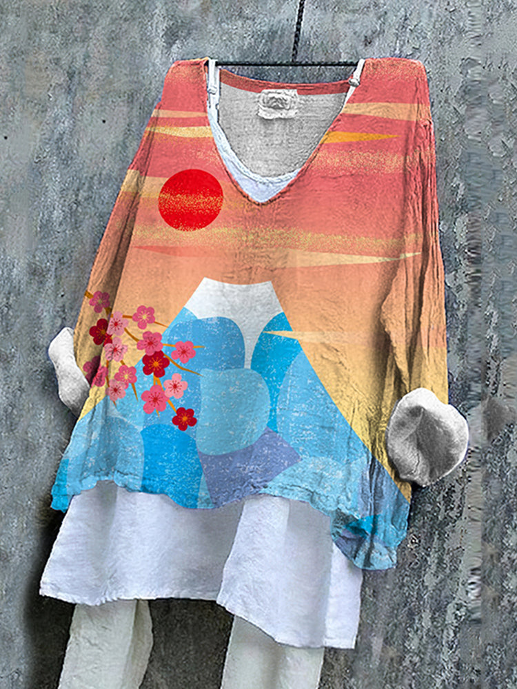 Japanese Mount Fuji Print Casual V-neck T-shirt