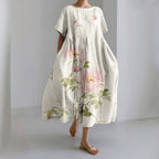 Peony Print Round Neck Short Sleeve Midi Dress