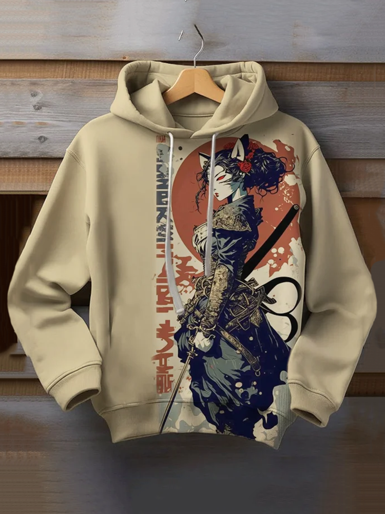 Men's Retro Anime Art Print Long Sleeve Hoodie