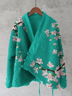 Vintage Japanese Sakura Art Pattern Plush Cardigan