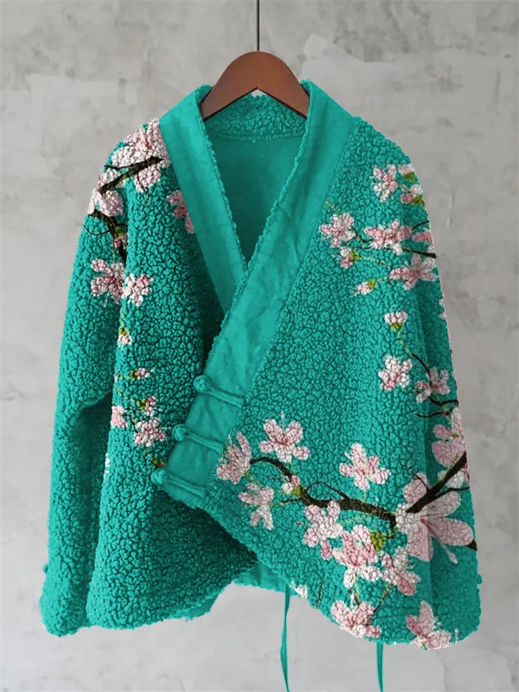 Vintage Japanese Sakura Art Pattern Plush Cardigan