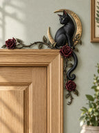 🌙 Gothic Black Cat & Red Rose Moon Door Frame Corner Decor