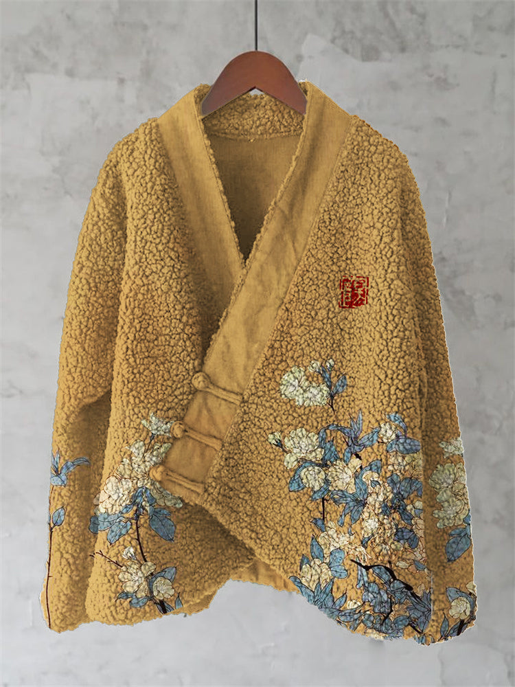 Classy Floral Japanese Art Cozy Fleece Kimono Cardigan