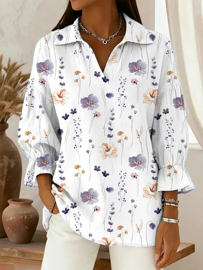 Women's Casual V-neck Solid Color Loose Cotton Linen Shirt