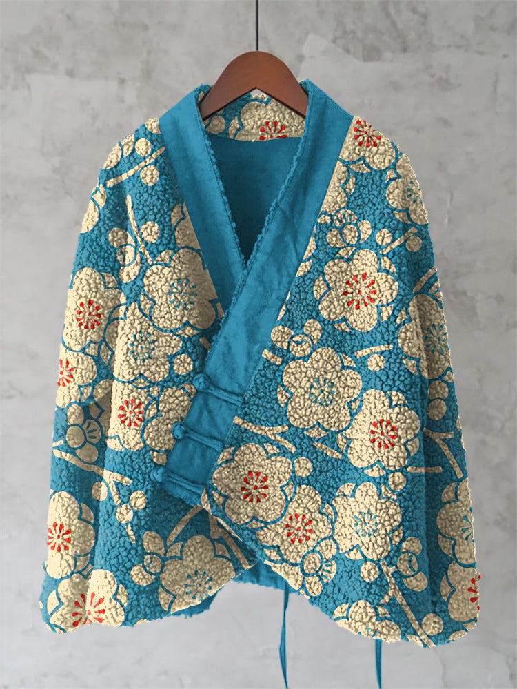 Cherry Blossom Japanese Pattern Cozy Fleece Kimono Cardigan