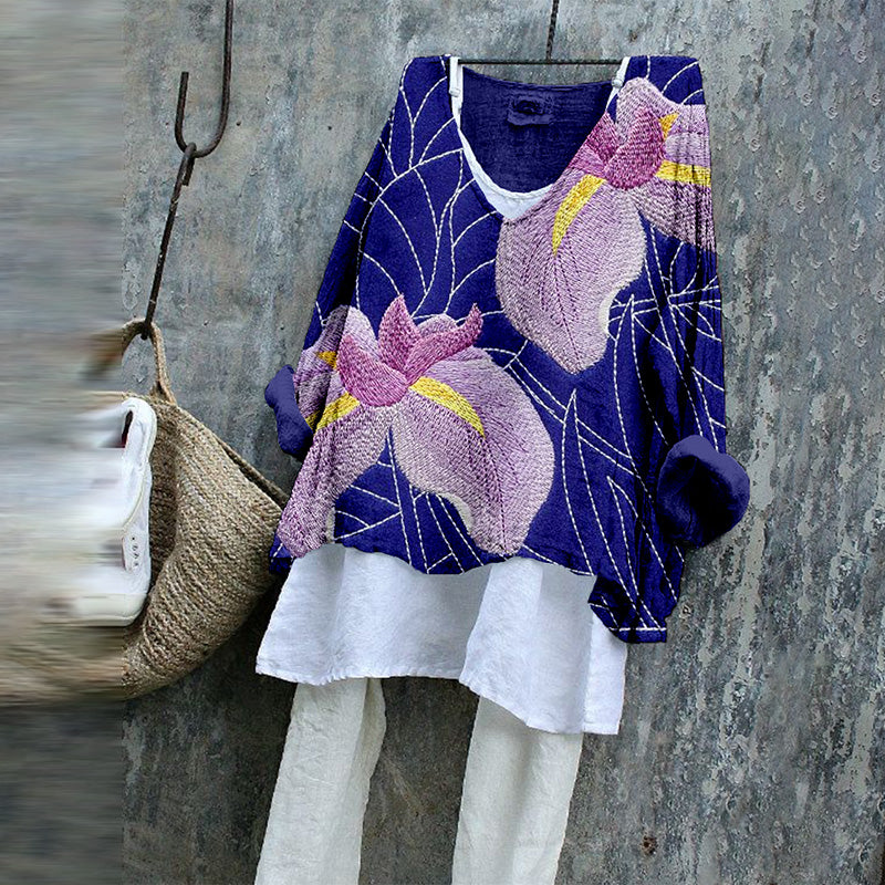 Japanese Iris Sashiko Art Linen Blend Cozy Tunic
