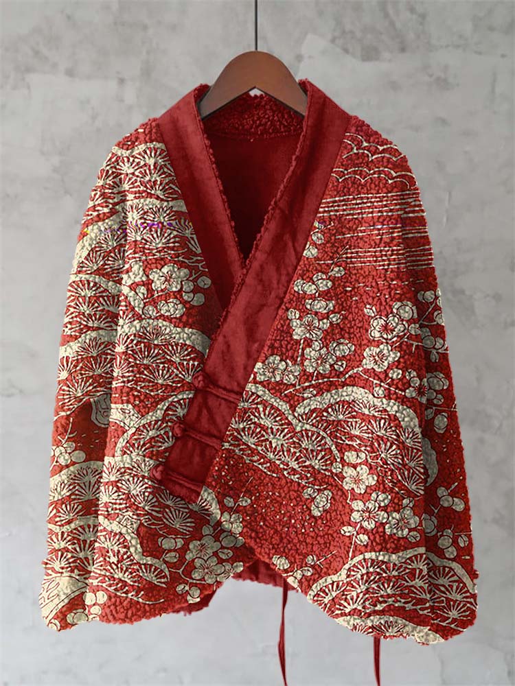 Vintage Japanese Floral Art Cozy Fleece Kimono Cardigan