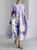 Purple Flowers Pattern Linen Blend Maxi Dress