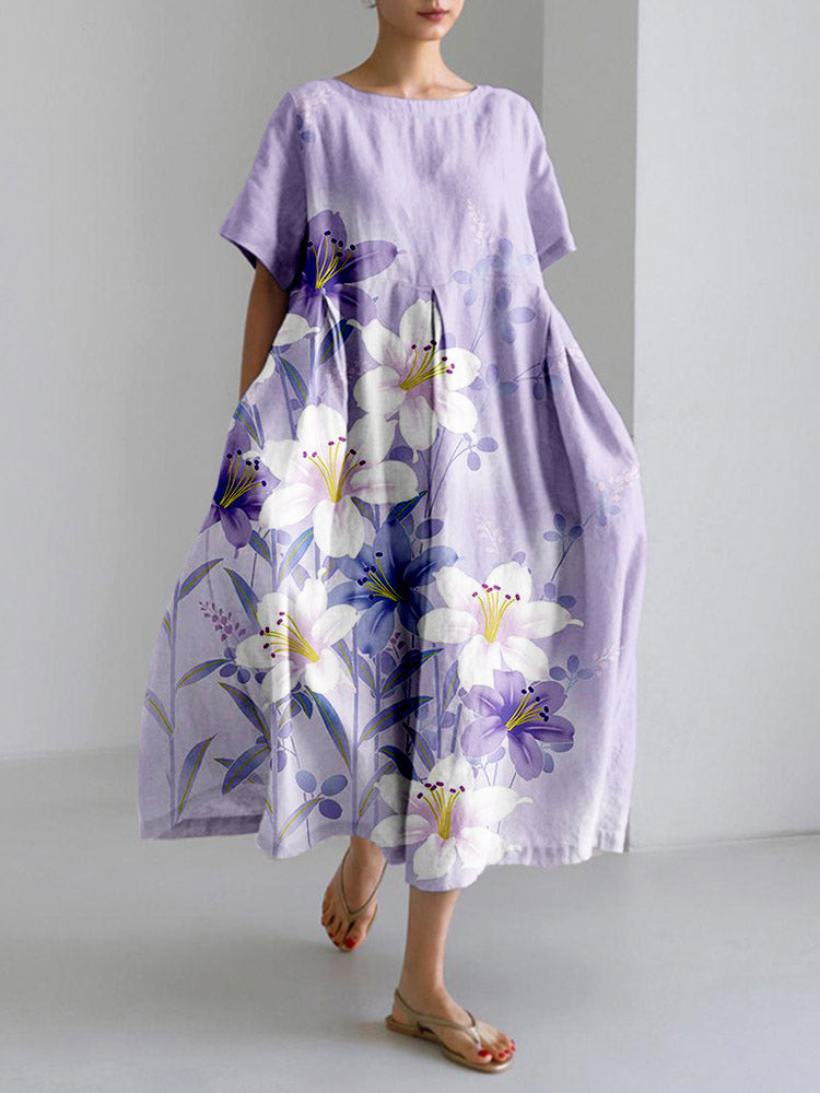 Purple Flowers Pattern Linen Blend Maxi Dress