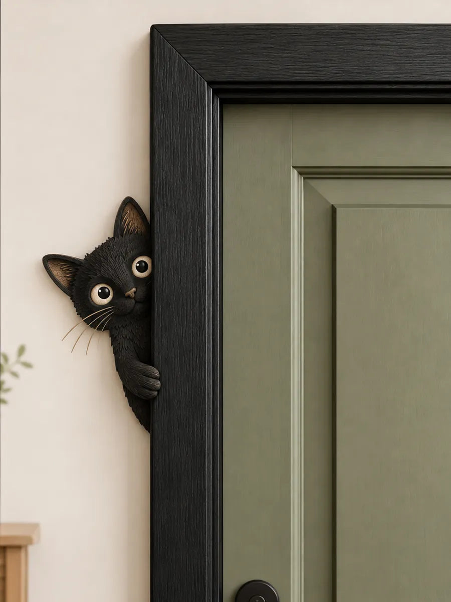 Peeking Black Cat Wooden Door Frame Decor
