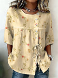 Women's Retro Floral Button Lace Up Tie Shirt
