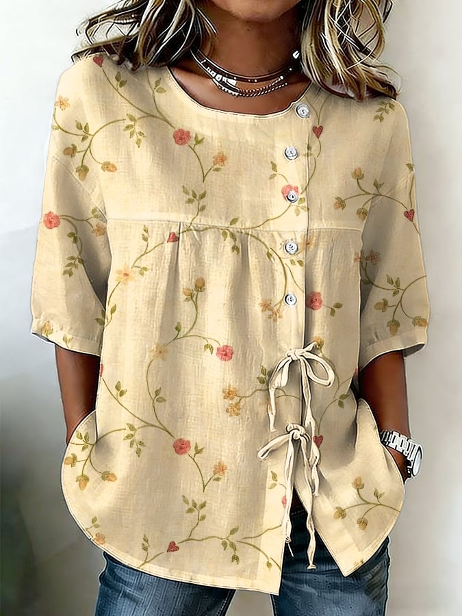 Women's Retro Floral Button Lace Up Tie Shirt