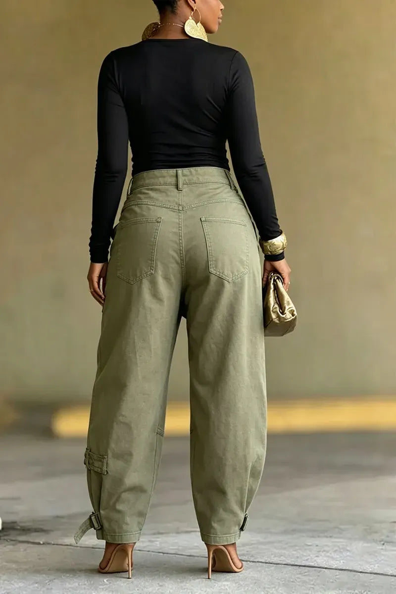 Olive Green Multi-Pocket Cargo Barrel Pants