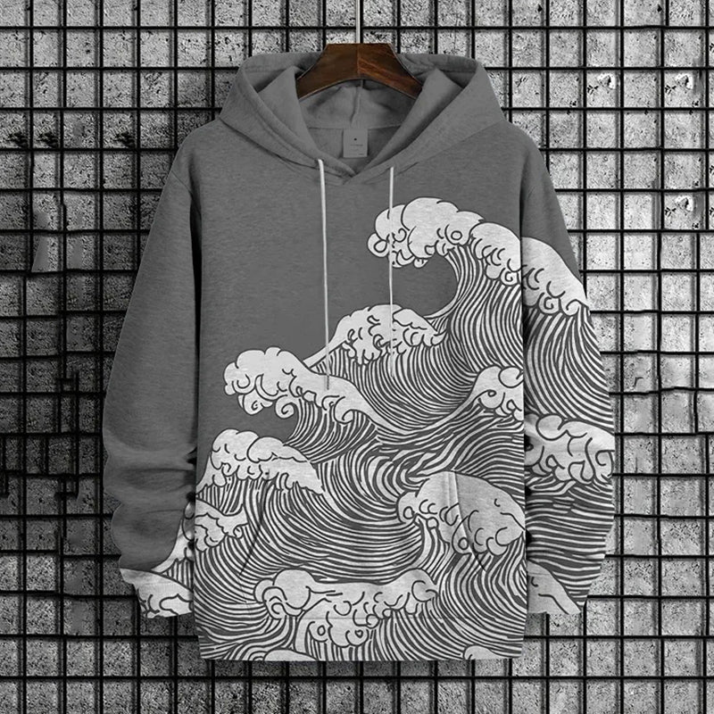 Men's Ocean Wave Japanese Woodblock Print Casual Hoodie